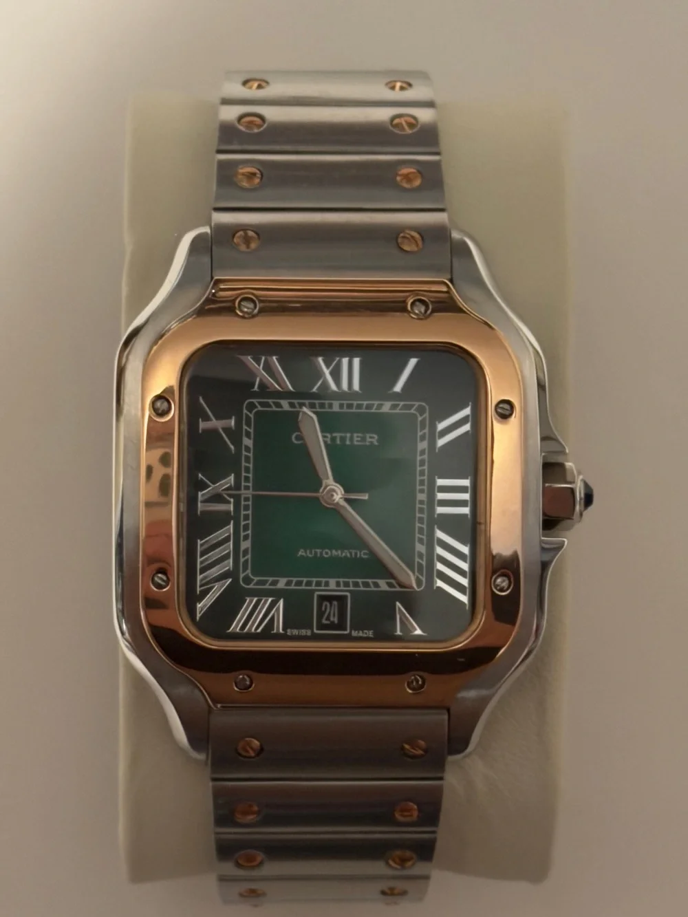 Cartier Santos Two Tone Watch Green Dial.
